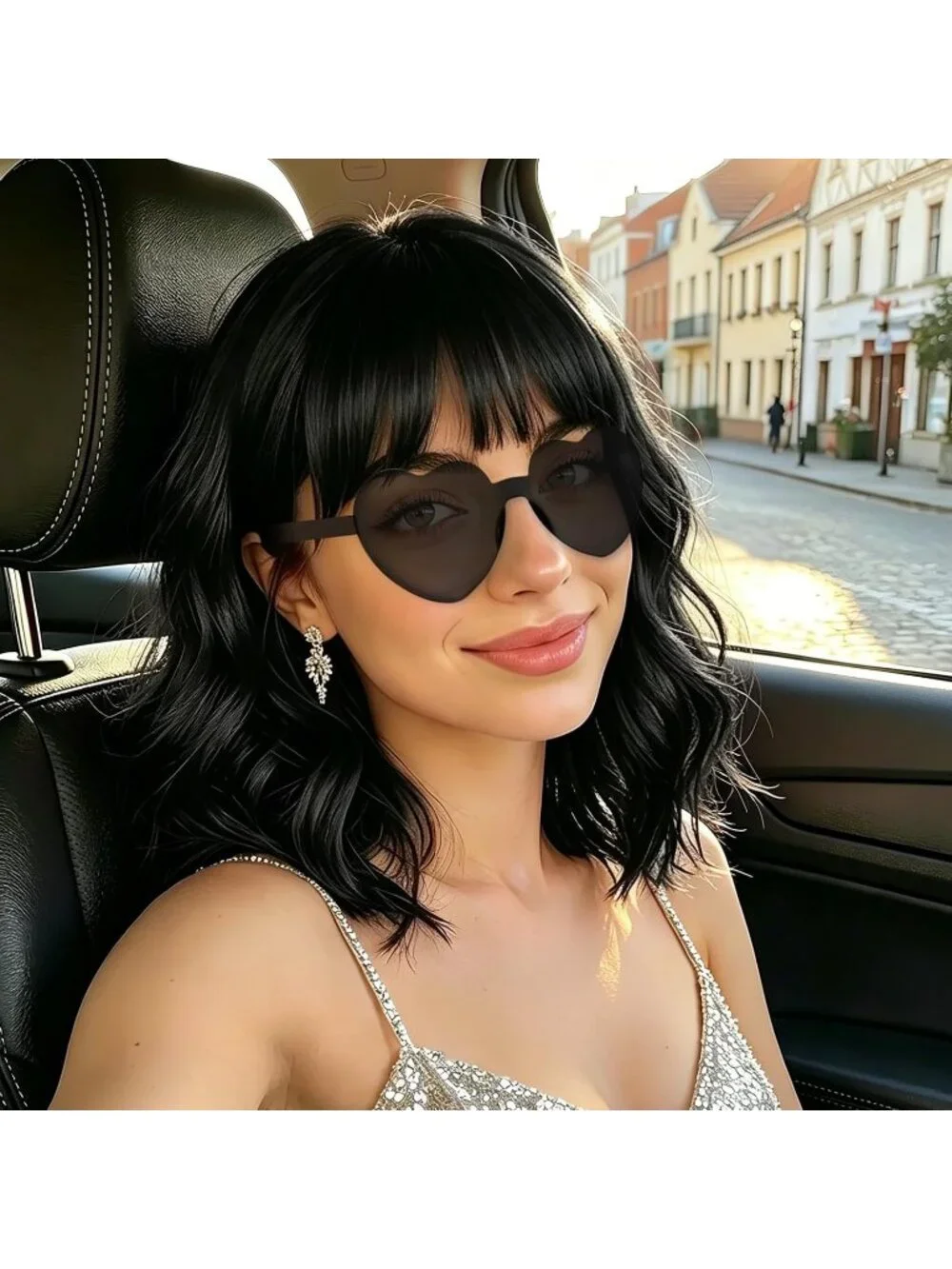 Women's Black Curly Bob Synthetic Wigs Bangs With Neon Heart Sunglasses